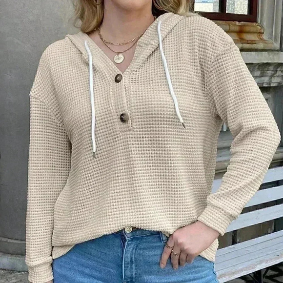 Casual Half Button Drop Shoulder Drawstring Hoodie Apricot - Picture 2 of 6